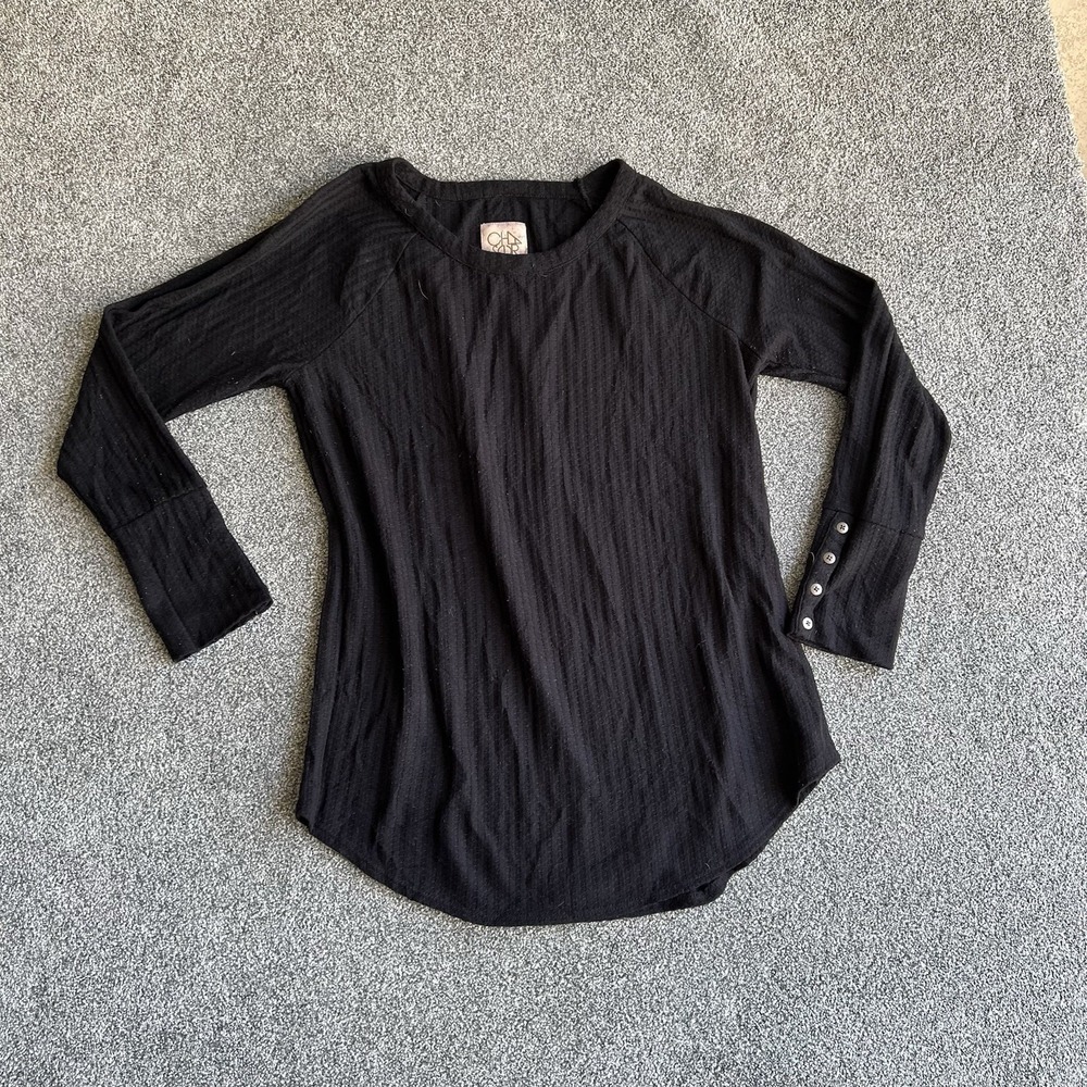 Chaser Womens XL Black Ribbed Long Sleeve Top Button Cuff Casual Shirt